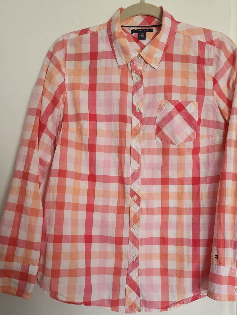 Womens Tommy Hilfiger Pink White Orange Peach Plaid Button Up Shirt Top Medium